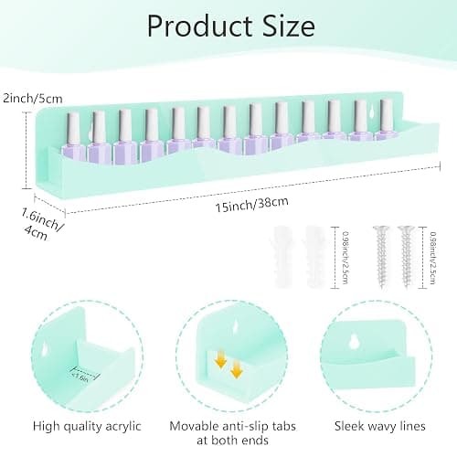 Nail Polish Wall Rack, 6-Shelf 15-Inch Light Green Acrylic Nail Polish Shelves with Removable Ends – Multi-Purpose Shelf for Essential Oils, Cosmetics Storage and Display for Salons and Bathrooms thumbnail 3