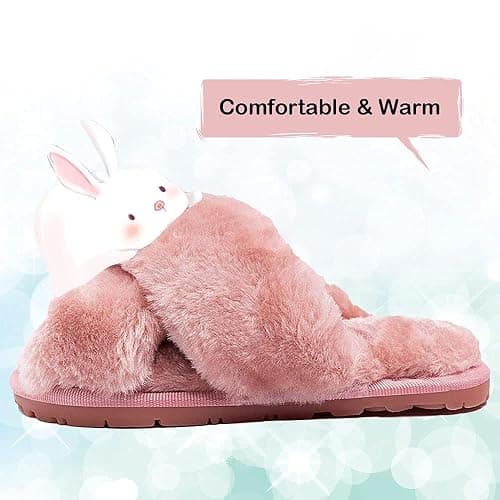 Fadezar Girls Fluffy Cute Fuzzy Slippers - Open Toe Warm Fur Slides Cross Band Plush Slip on House Indoor Slippers thumbnail 5