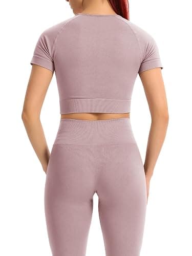 2 Piece Short Sleeve Outfits for Women Seamless Crop Tops Set for Women Workout Set thumbnail 3