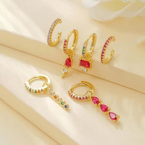 6pcs Gold Hoop Earring Stacks For Women Dainty Colorful Cubic Zirconia Huggie Earrings 18k Gold Hoop Earrings Cartilage Stud Earring Sets For Multiple Piercing thumbnail 3
