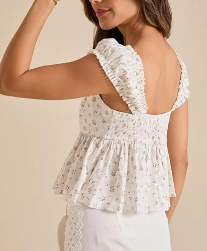 Womens Floral Babydoll Top Ribbon Front Smocked Back Cap Sleeves Tank Tops Cute Summer Going Out Tops for Teens thumbnail 3