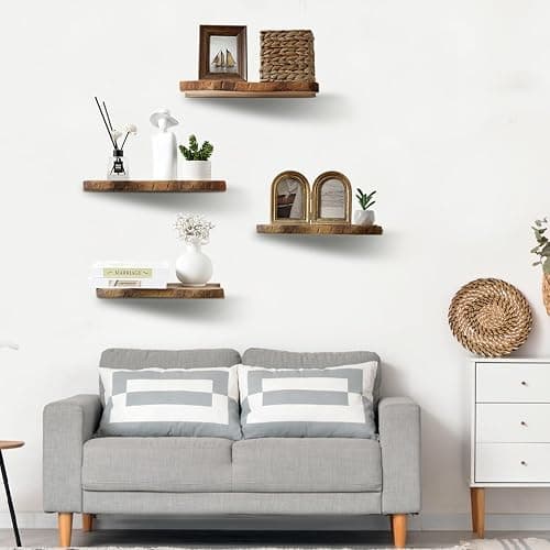 Pinkunn 4 Pcs Floating Shelves for Wall Rustic Wall-Mounted Natural Wooden Shelves Solid Wood with Live Edge Design Bathroom Bedroom Kitchen Storage Living Room Decor Nursery Shelf(4 Pcs,Small) thumbnail 2