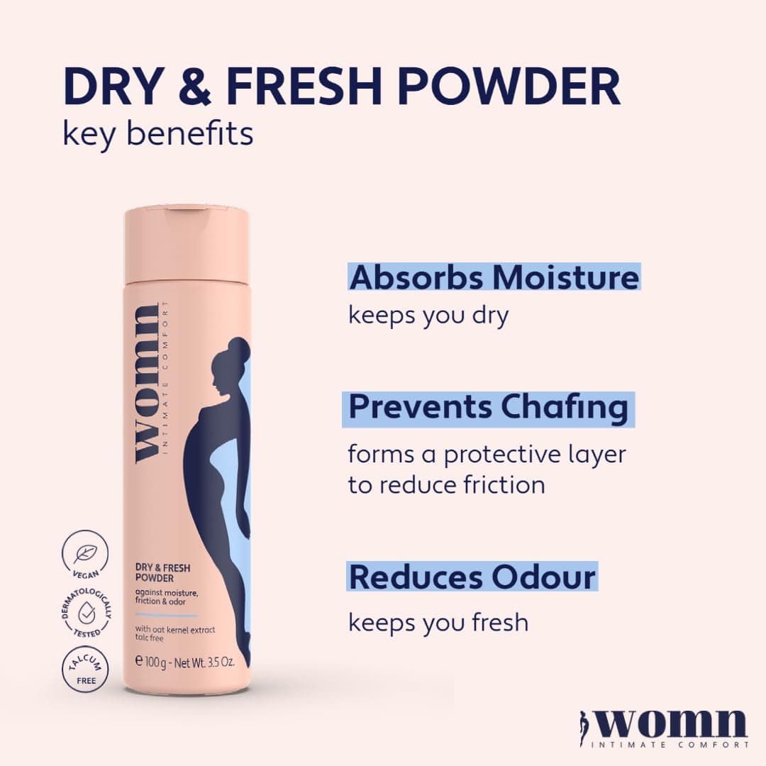 womn Dry & Fresh Powder 100 g - Talc-free body powder for the intimate area, groin and under the breasts - Absorbs sweat and helps prevent friction and odours thumbnail 2