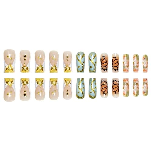 Square Press on Nails Medium Fake Nails French False Nails White Artificial Nails with 3D Futterfly and Rhinestones Designs Gold Charm Handmade Nails Glossy Stick on Nails for Women 24pcs thumbnail 3