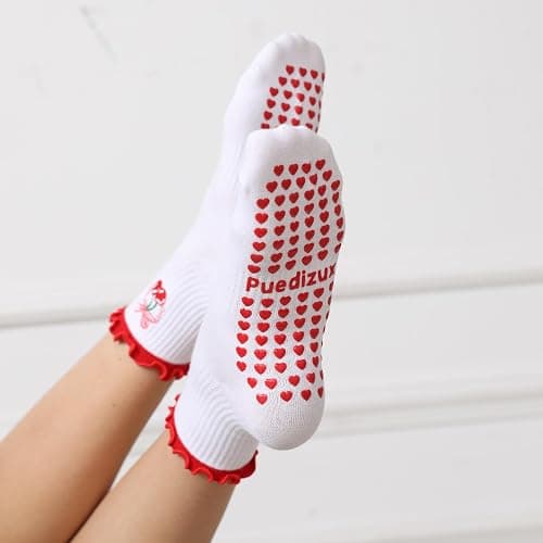 Puedizux Women Cute Pilates Socks Grip Crew Yoga Socks Ruffle Cuff Embroidery Pattern Workout Ballet Socks thumbnail 2