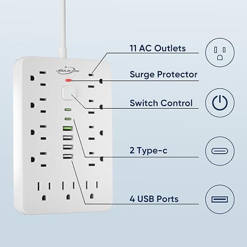 JouleLoom 6 FT Flat Plug Surge Protector Power Strip,11 Multiple AC Outlets with 6 USB Ports (2 USB C), 6 Feet Extension Cord, 1250W/10A, One Touch Switch Button, 17 in 1 Compact powerstrip-White thumbnail 3