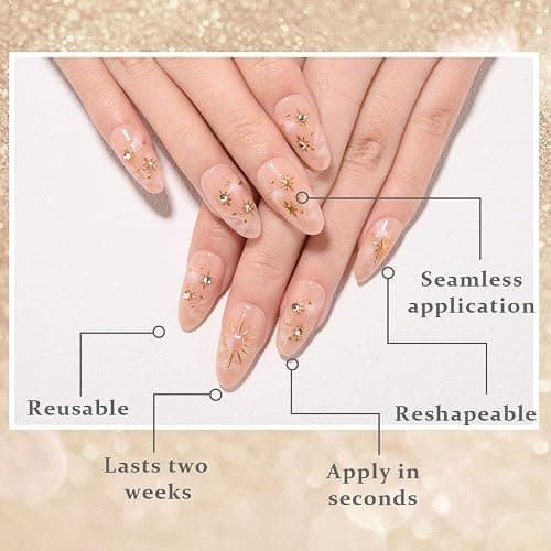 XZMeiLun 3D Boho Stars Gold Press On Nails Almond Medium 30Pcs, Heart Charms Design Reusable Acrylic Nails Press Ons, Fake Nails With Cute Celestial Glue On Nail, Daily Wear False Nail For Women thumbnail 3