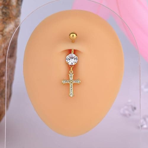 B BodyPJ Sparkles 14G Religious Belly Button Ring with Crystal Cross and Religious Charms, Stainless Steel thumbnail 2