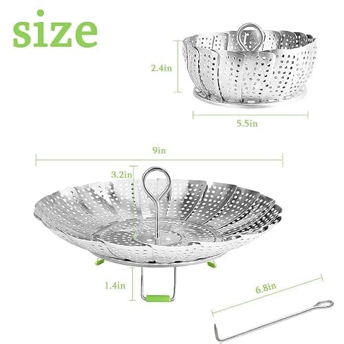 Steamer Basket Stainless Steel Vegetable Basket Metal Handle Folding Silicone Feet Steamer Insert for Cooking Veggies Fish Seafood Include Safety Tool,Fit Various Pot Pressure Cooker (5.3" to 9") thumbnail 2