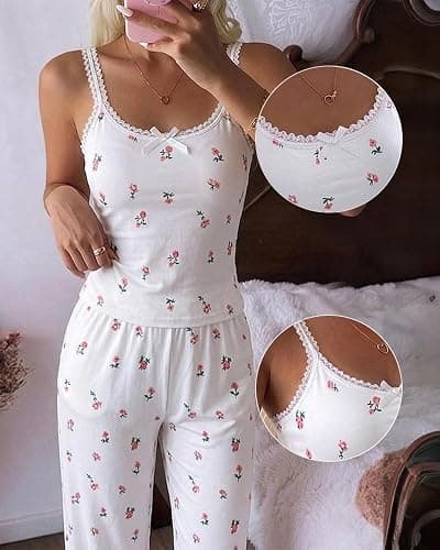 ChicMe Couture Women's Pajamas Set 2 Piece Ditsy Floral Print Lace Cami Top and Pants Loungewear with Pockets Sleepwear thumbnail 7