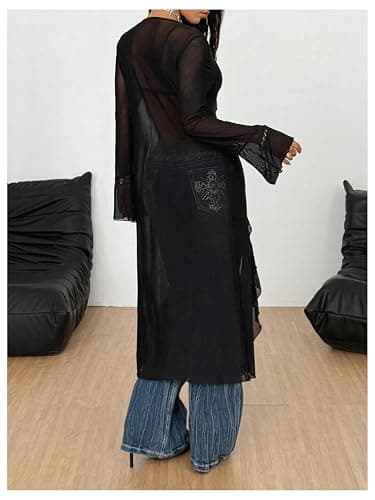 SweatyRocks Women's Sheer Mesh Y2K Tie Front Tops Bell Sleeve See Through Going Out Tops Party Outfits thumbnail 3