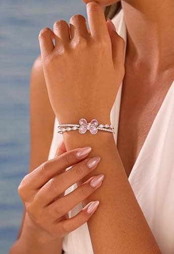 Ydou Butterfly Adjustable Bracelet with Pink Birthstone Sillver/18K Gold Plated Open Cuff Bangle Jewelry for Women CB0013 thumbnail 2