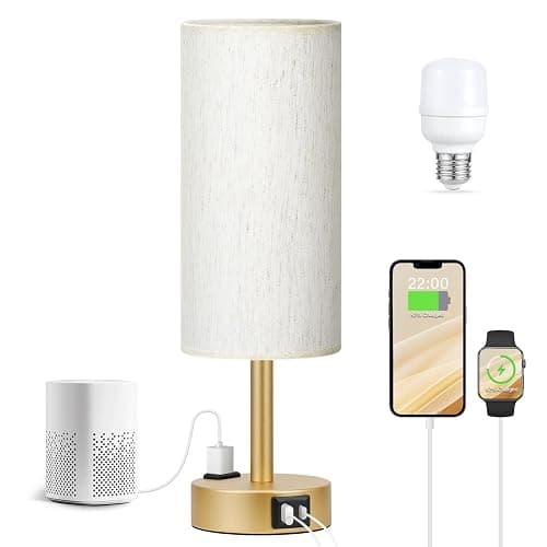 Fenmzee Gold Nightstand Bedroom Lamp - 3 Way Dimmable Bedside Lamp USB C A Charging Ports and AC Outlet, Small Table Lamp Linen Lampshade for Office Desk, LED Bulb Included thumbnail 5