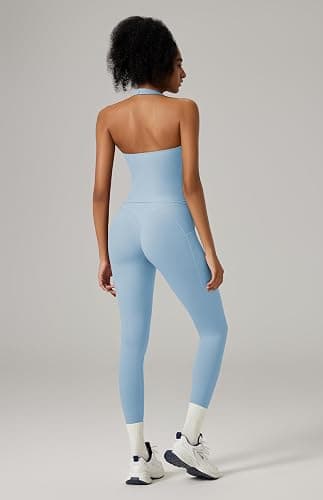 RXRXCOCO Open Back Workout Sets for Women 2 Piece Halter Tank Tops Hidden Scrunch Leggings Matching Set with Pockets thumbnail 3