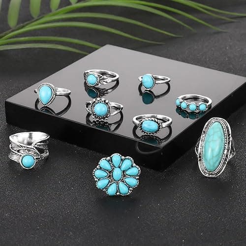 Western Turquoise Rings Set for Women Vintage Bohemian Stackable Finger Knuckle Ring Western Statement Oval Flower Jewelry thumbnail 5