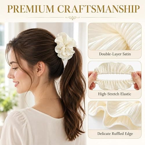 4-Pack Oversized Puffy Hair Scrunchies, Double Layer Satin Ruffle Hair Tie | Lightweight sheer fabric and wide ruffles add soft volume to ponytails, buns and half-up hairstyles without bulky clips. thumbnail 3