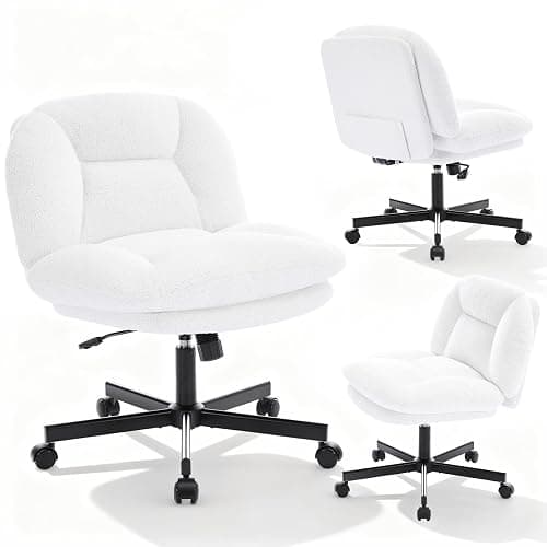 shipborne Cross Legged Office Chair, Thick Cushioned Criss Cross Chair with Wheels, Wide Seat Armless Office Chair, Height Adjustable Swivel Vanity Chair for Home and Office, White thumbnail 8