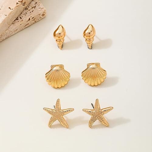 Gold Starfish Shell Earrings for Women Set 3 Pairs Summer Beach Vacation Earrings for Women Ocean Jewelry thumbnail 7