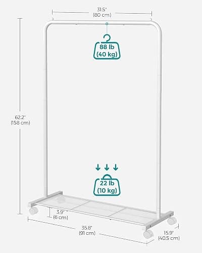 SONGMICS Clothes Rack with Wheels, 35.8 Inch Garment Rack, Clothing Rack for Hanging Clothes, with Dense Mesh Storage Shelf, 110 lb Load Capacity, 2 Brakes, Steel Frame, White UHSR025W01 thumbnail 8