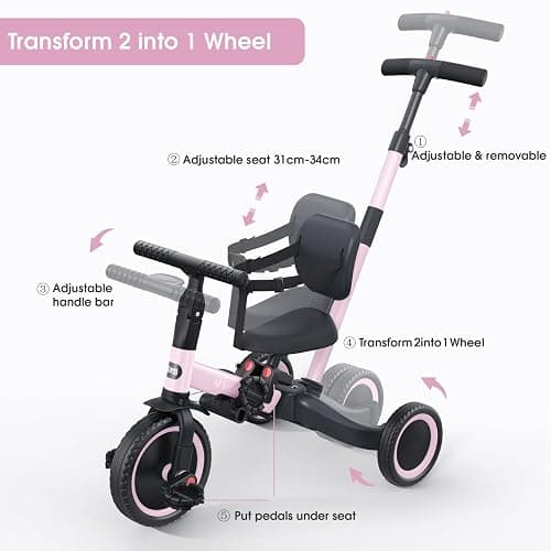 newyoo Toddler Tricycle,Toddler Bike,Birthday Gifts and Toys for 1-3 Year Old Boys and Girls, Trike with Push Handle, Backrest and Safety Belt, Balance Bike, TR007, Pink thumbnail 4