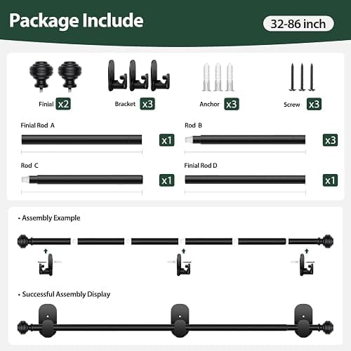 KAMANINA Curtain Rods No Drilling for Windows 32 to 86 Inches, 5/8 Inch Adjustable Renter Friendly Curain Rod with 3M Adhesive Brackets without Drilling, Black thumbnail 7
