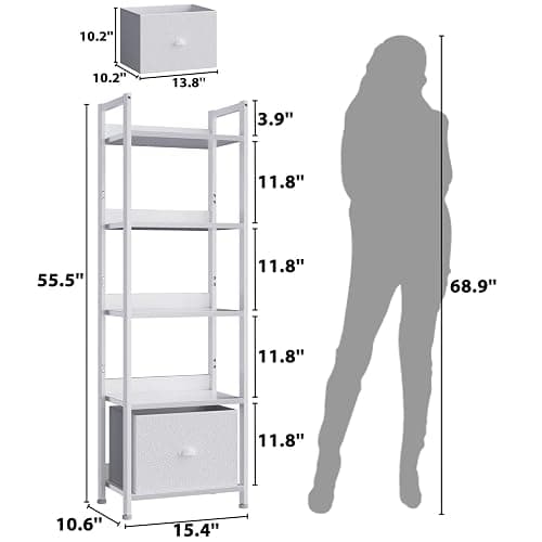 Furologee 5 Tier Bookshelf with Drawer, Tall Narrow Bookcase with Shelves, Wood and Metal Book Shelf Storage Organizer, Modern Display Standing Shelf Unit for Bedroom, Living Room, Office, White thumbnail 3