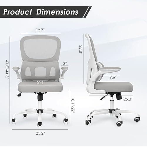 Soohow Office Chair, Mesh Ergonomic Office Chair with Lumbar Support, Comfy Computer Desk Chair with Flip Armrest Rolling Wheels for Home Study Room Office, White & Gray - Grey - Normal thumbnail 2