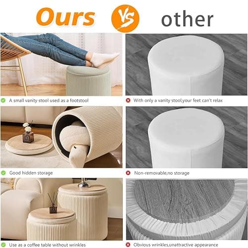BLEXA Round Set of 2 Ottoman with Storage-Upholstered Velvet Vanity Stool for Makeup Multifunctional Ottomans Coffee Table Padded Seat Foot Rest for Living Room&Bedroom（White） - White - Engineered Wood thumbnail 5