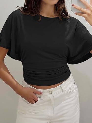 Cicy Bell Womens Summer Wrap Tops Casual Short Sleeve Tie Back Cinched Waist T Shirts Trendy Boat Neck Blouse thumbnail 4