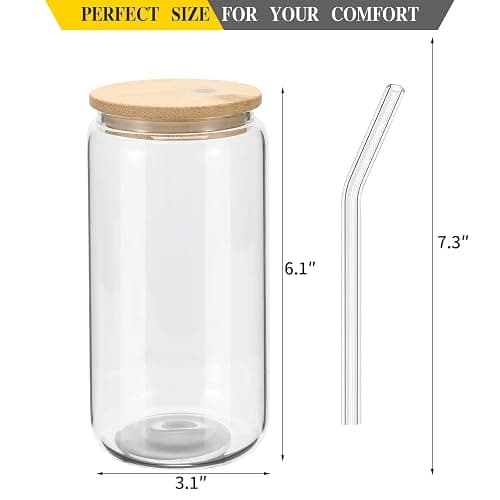 YOUKE OLA 20 Pack Glass Cups with Bamboo Lids and Glass Straw 16oz Beer Can Shaped Drinking Glasses Cups, Glass Tumbler Reusable Cute Cups for Whiskey, Iced Coffee, Tea, Soda, Cocktail, Gift, Clear thumbnail 3