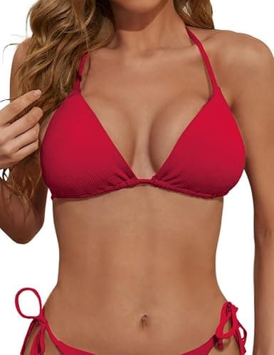 Zuvebamyo Women's Triangle Bikini Top Ribbed Push up Padded Halter String Bathing Suits Top - Image 1