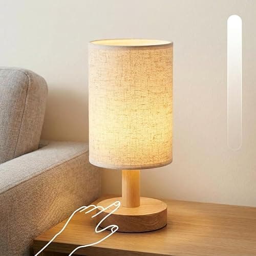 Puzipha Small Cordless Rechargeable Table Lamp, Touch Control Dimmable 2700K Warm Light, Natural Wood Base Linen Shade for Bedroom Dorm Nightstand - Image 1