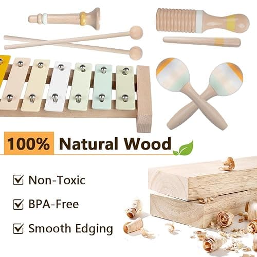 Baby Musical Instruments-Montessori Wooden Toys for Toddlers 1-3,Neutral Colors Percussion Instruments Set with Modern Boho Xylophone for Kids Preschool Educational 3+ thumbnail 5