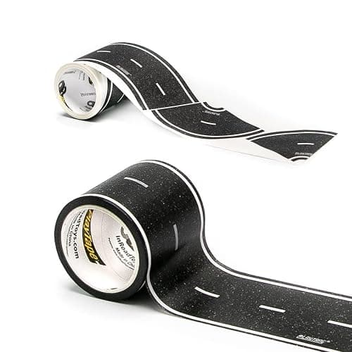 PlayTape Road Tape and Curves for Toy Cars - 1 Roll of 30 ft. x 2 in. Asphalt Road + 1 Roll of 36 Curves - Image 1