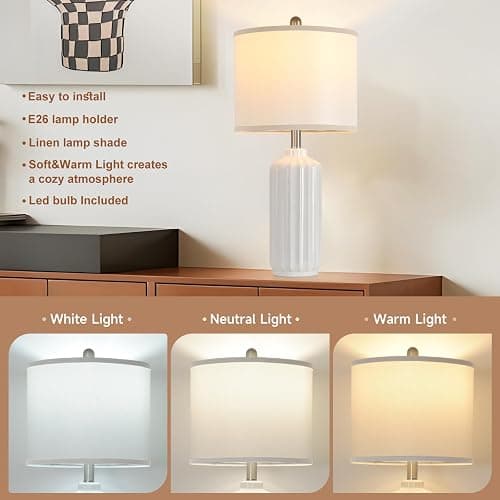 Liyicha Lamp for Living Room Bedroom Lamps Farmhouse Table Lamps Set of 2 Vertical Stripe Ceramic Table Lamp,Linen Shade with Bulb, 25 in High, White - White（Set of 2） - 25-inch high thumbnail 5