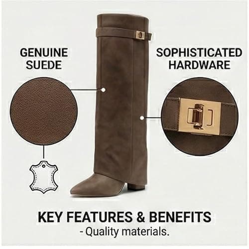 Silanway Women's Knee High Boots Leather Fold Over Pointed Toe Gold Buckle Stacked Heel Dress Casual Slouchy Mid Calf Booties thumbnail 2