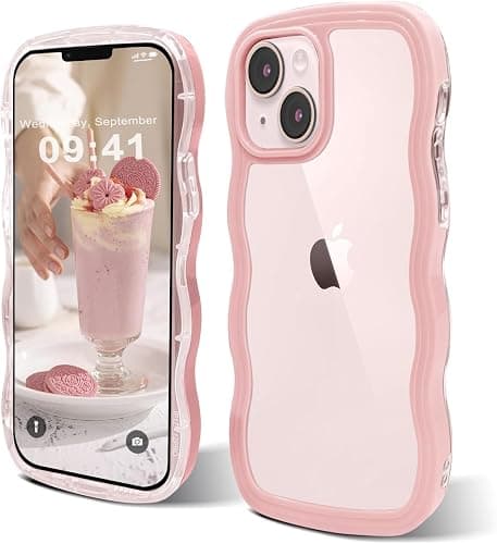 ORDA for iPhone 13 case for iPhone 14 case Cute Wave Frame Curly Shape Shockproof Hard PC Phone Cover for Women and Girls Compatible with for 6.1 inchs Pink - Image 1