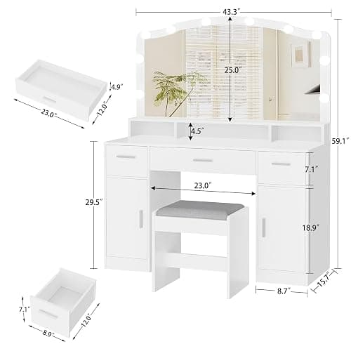 usikey Large Vanity with Mirror and Light, Dressing Table Set with 3 Drawers, 2 Cabinets and 10 LED Bulbs Dresser with Stool for Women,Bedroom,Bathroom, White thumbnail 2