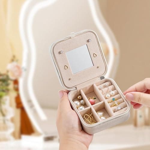 Small Travel Jewelry Case, To Go Portable Jewelry Box, Travel Jewelry Organizer,Portable Jewellery Storage Holder for Rings Earrings Necklace, Gifts for Girls Women with Mirror -White - Off-White thumbnail 2