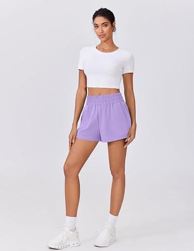 PINSPARK Womens High Waisted Quick Dry Running Gym Shorts, Lightweight Linerless Workout Athletic Shorts with Pockets - Lilac - Large thumbnail 3
