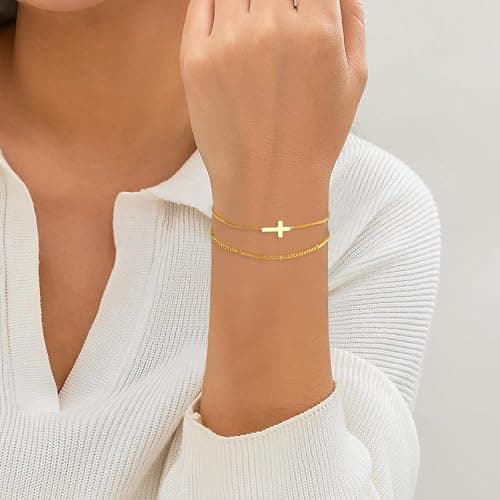 Cross Bracelet for Women，Dainty 14k Gold Plated Pearl Bridesmaid Bracelets for Women Small Wrist, Trendy Stack Thin Chain Sunflower Bracelet Gold Jewelry for Womens Baptism Gift thumbnail 3