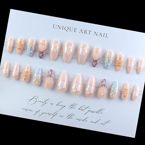 LPOODDNU 3D Embossed Flower Press on Nails - Almond Medium Fake Nails with Starfish&Pearl Designs, Glossy Finished Reusable False Nails with Adhesive Glue Tabs - 24Pcs Nail Kit for Women Manicure thumbnail 5