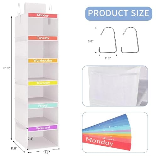 Fixwal 2 Pack 6-Shelf Weekly Hanging Closet Organizer for Kids, Kids Daily Clothes Organizers with 6 Side Pockets, Days of The Week Hanging Storage Shelves (White) - White thumbnail 3