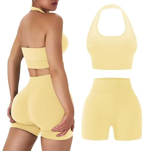 OLCHEE Workout Sets for Women 2 Piece Backless Halter Sports Bra High Waist Booty Shorts Yoga Gym Outfits Lounge Activewear - Image 1