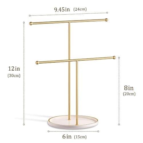 Josmimic Gold Jewelry Holder Stand with Ceramic Tray: Small Hanging Necklace Organizer Tree for Earrings, Bracelets, Rings – Jewelry Display Hanger for Women & Girls, White thumbnail 6