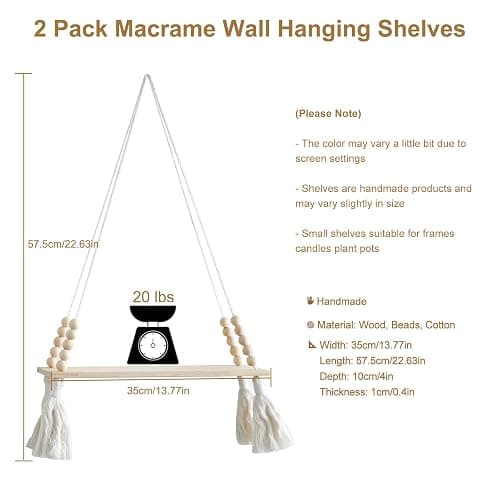 Artilady 2 Pack Wooden Wall Hanging Shelves - Macrame Hanging Plant Shelf with Tassel,Boho Storage Floating Shelves Handmade Rustic Hanger Planter Rack Pot Stand Holder thumbnail 2