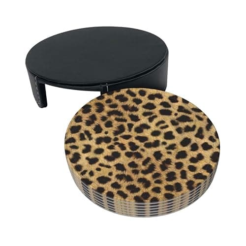 Leopard Animal Print Printed Coasters Set of 6, Pu Leather Round Coasters with Holder, Drinking Coasters Coffee Cup Mat for Bar Kitchen Home thumbnail 2