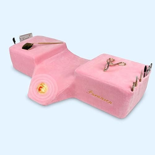 Puransen Lash Bed Pillow with Neck & Back Support - Curved Memory Foam Beauty Pillow for Eyelash Extensions & Salon Services, Two Pockets for Tools on The Sides of Removable Velvet Pillowcase (Pink) - Image 1