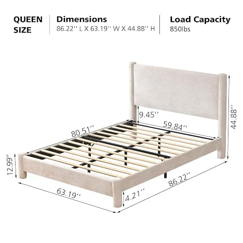 VELOCAVA Queen Size Upholstered Platform Bed Frame with Soft Rounded Corners, 44.88" Tall Headboard, Luxury Plush Velvet Upholstery, 11 Slats & 5 Center Legs, No Box Spring Needed, Cream White thumbnail 2