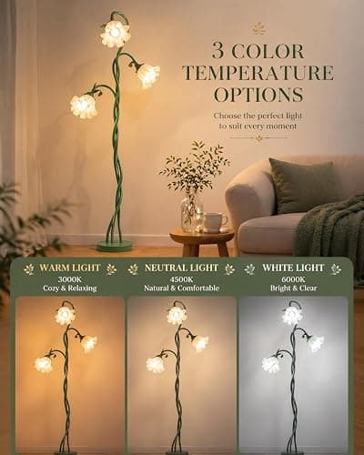 Vintage 3 Head Flower Floor Lamp, LED Standing Lamp for Living Room with E26 Bulb 3 Color Modes Flexible Gooseneck Tall Lamp for Home Bedroom,Corner,Reading | Flexible Gooseneck, Bulb Included, 3 Color Temperatures Vintage Reading Lamp for Bedroom, Corner, Home (Green) thumbnail 3